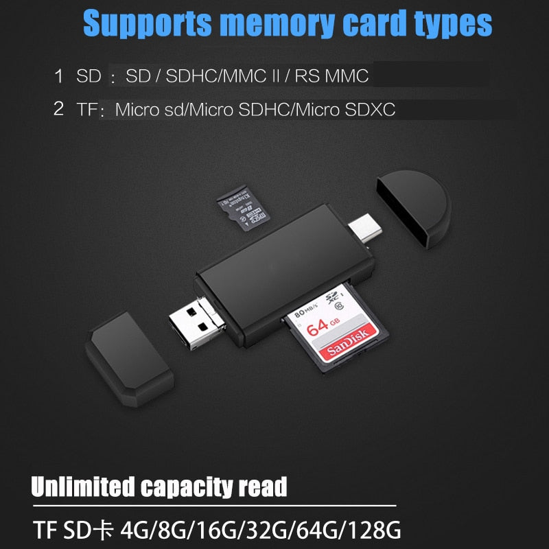 Type C & micro USB & USB 3 In 1 OTG Card Reader High-speed USB2.0 Universal OTG TF/SD for Android Computer Extension Headers