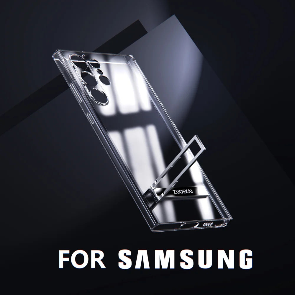 For Samsung Galaxy S25 S24 S23 S22 Ultra Transparent Kickstand Case with Bracket Standing Transverse Protective Clear Soft Cases
