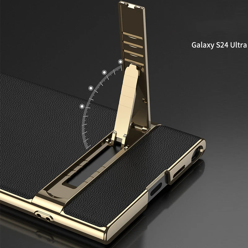 For Samsung Galaxy S24U S25 Ultra Electroplated Vegan Leather Stand Phone Case Mechanical Adjustable Stand Business Phone Case