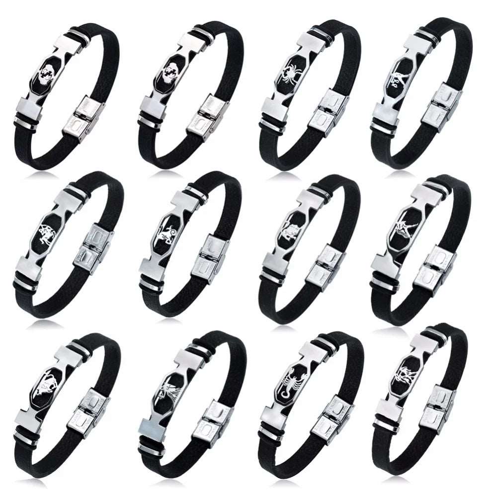 12 costellazione bracciale in acciaio inossidabile bracciale uomo donna segno zodiacale bracciale avvolgente in pelle nera gioielli Pulseras Hombre