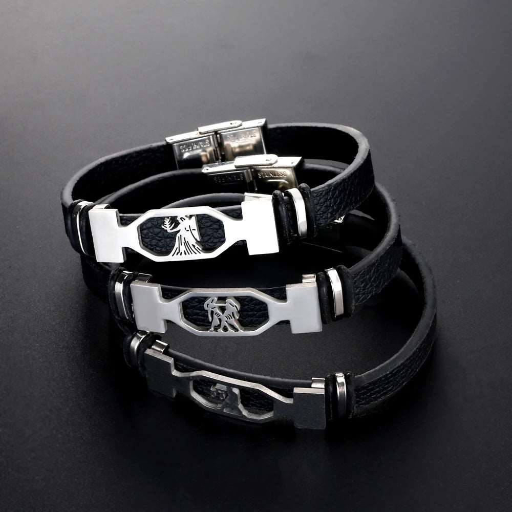 12 costellazione bracciale in acciaio inossidabile bracciale uomo donna segno zodiacale bracciale avvolgente in pelle nera gioielli Pulseras Hombre