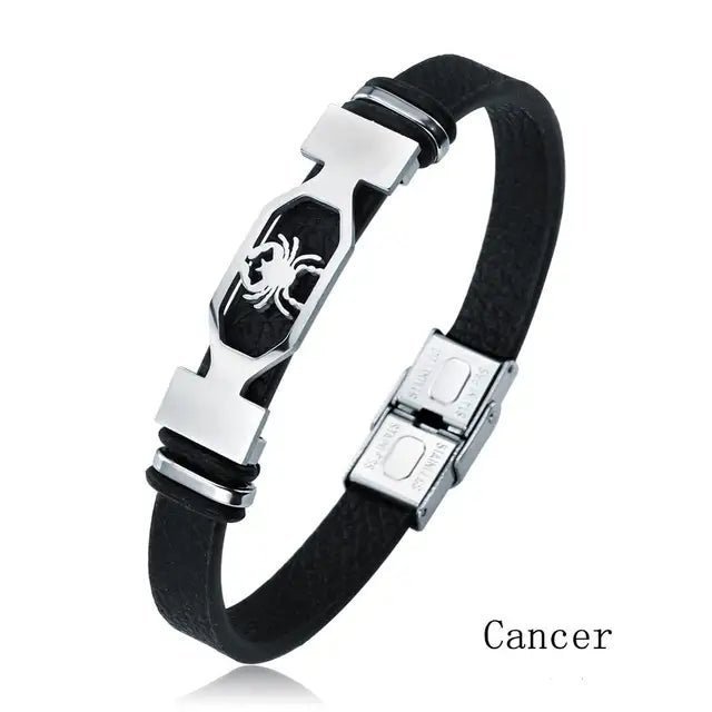 12 Constellation Stainless Steel Bracelet Men Women Zodiac Sign Black Leather Wrap Bracelet Jewelry Pulseras Hombre