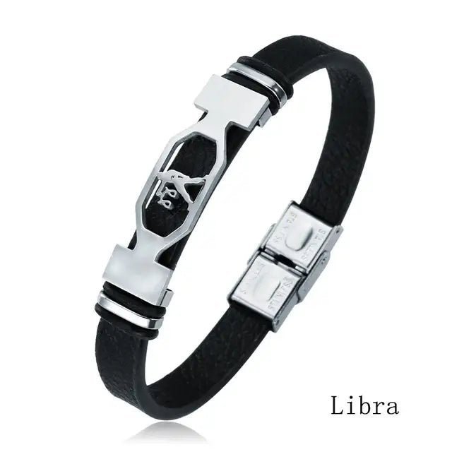 12 Constellation Stainless Steel Bracelet Men Women Zodiac Sign Black Leather Wrap Bracelet Jewelry Pulseras Hombre