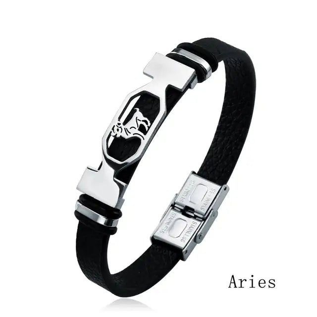 12 Constellation Stainless Steel Bracelet Men Women Zodiac Sign Black Leather Wrap Bracelet Jewelry Pulseras Hombre