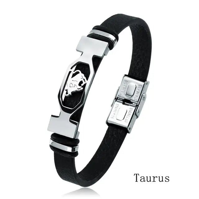 12 Constellation Stainless Steel Bracelet Men Women Zodiac Sign Black Leather Wrap Bracelet Jewelry Pulseras Hombre