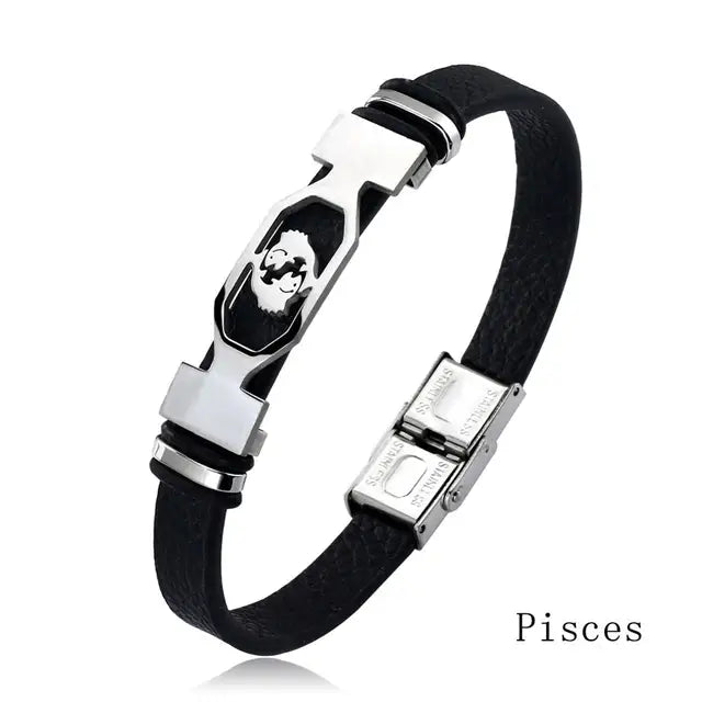 12 Constellation Stainless Steel Bracelet Men Women Zodiac Sign Black Leather Wrap Bracelet Jewelry Pulseras Hombre