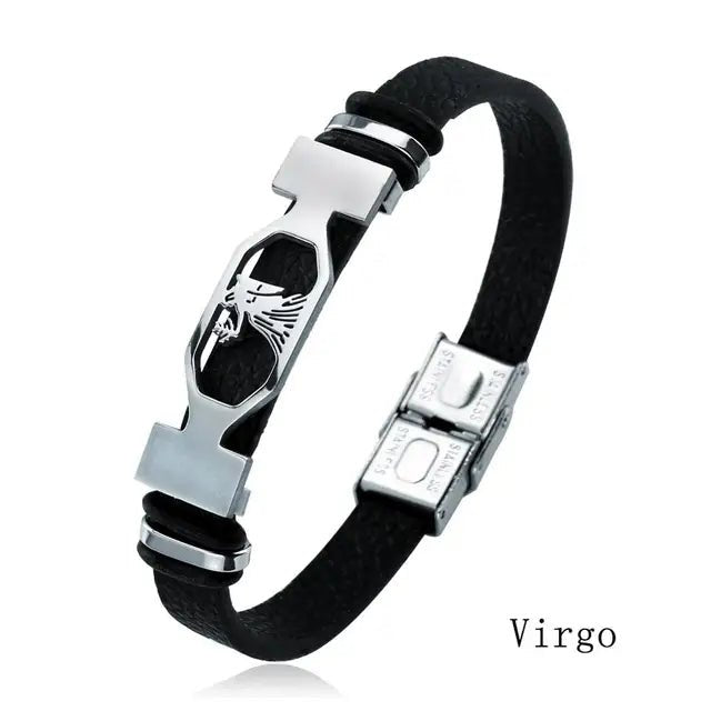 12 Konstellation Edelstahl Armband Männer Frauen Sternzeichen Schwarz Leder Wrap Armband Schmuck Pulseras Hombre