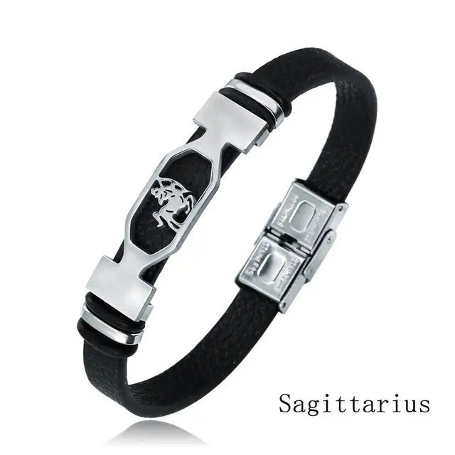 12 Constellation Stainless Steel Bracelet Men Women Zodiac Sign Black Leather Wrap Bracelet Jewelry Pulseras Hombre