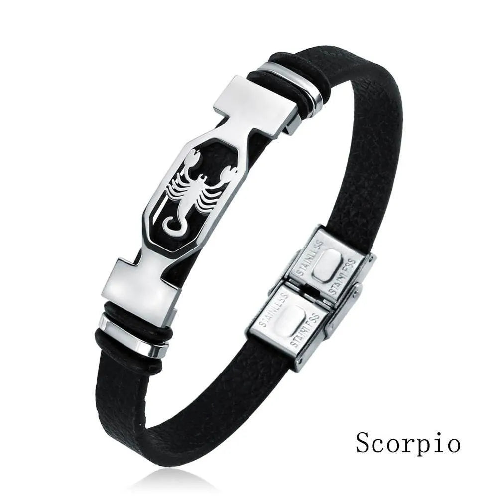 12 Konstellation Edelstahl Armband Männer Frauen Sternzeichen Schwarz Leder Wrap Armband Schmuck Pulseras Hombre