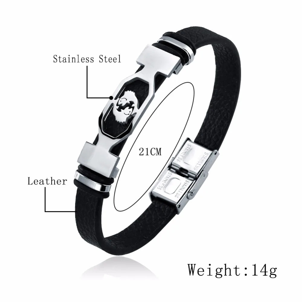 12 Constellation Stainless Steel Bracelet Men Women Zodiac Sign Black Leather Wrap Bracelet Jewelry Pulseras Hombre