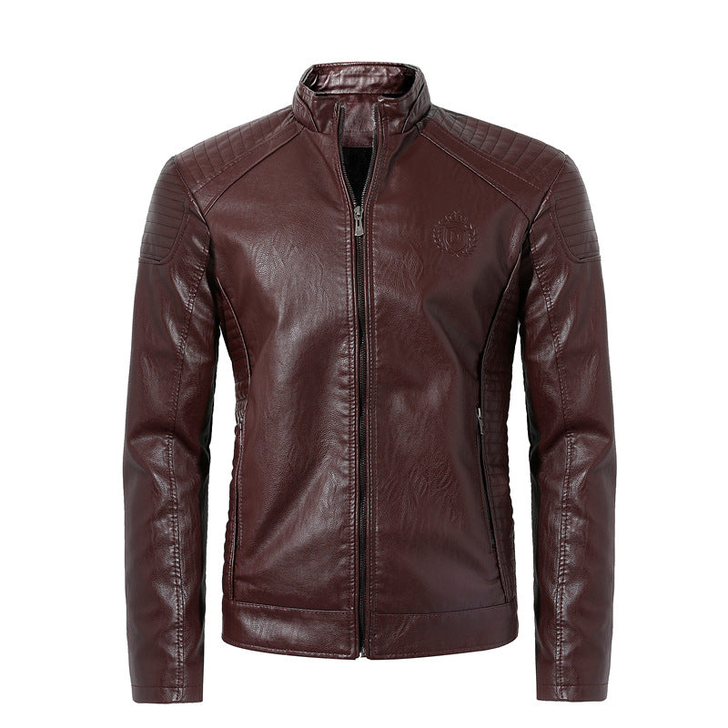 Men'S Plus Velvet Leather Jacket Casual Leather Jacket Style Stand-Up Collar