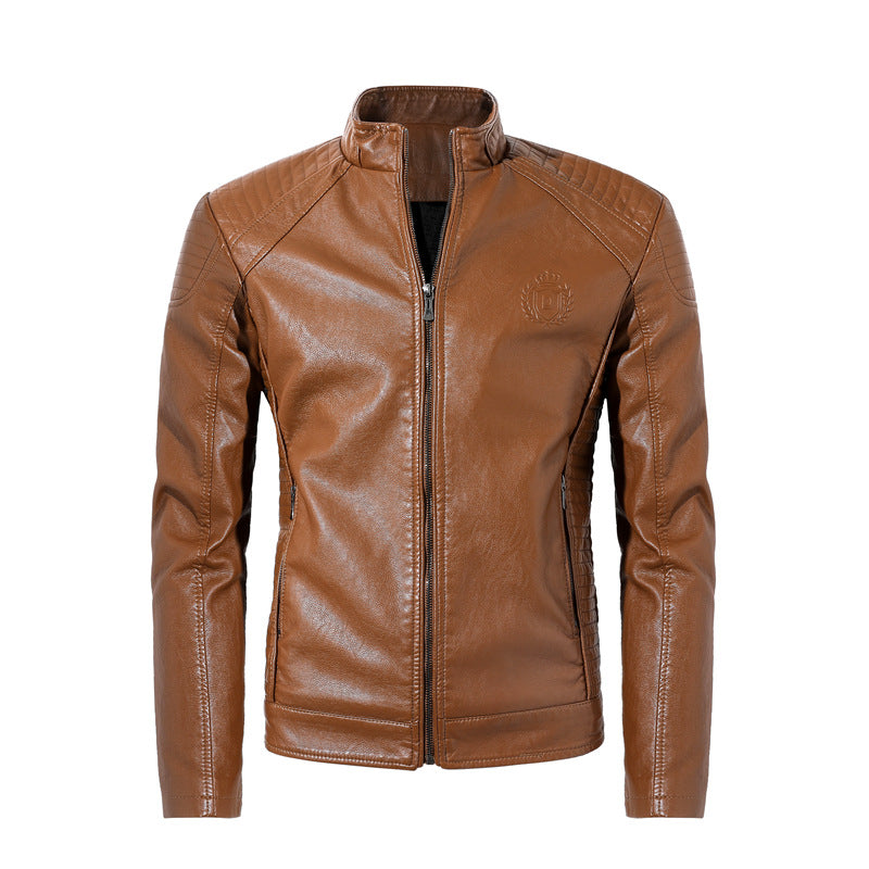 Men'S Plus Velvet Leather Jacket Casual Leather Jacket Style Stand-Up Collar