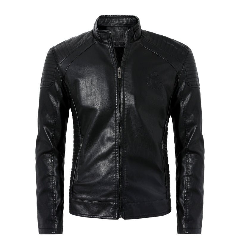 Men'S Plus Velvet Leather Jacket Casual Leather Jacket Style Stand-Up Collar