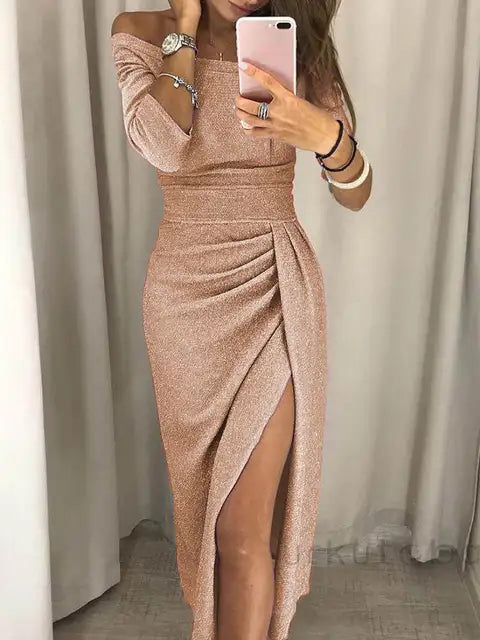 2023 New Women Off Shoulder Long Sleeve Bodycon Evening Long Dress Asymmetric Split Pencil Dresses S M L XL XXL