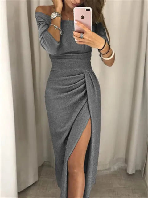 2023 New Women Off Shoulder Long Sleeve Bodycon Evening Long Dress Asymmetric Split Pencil Dresses S M L XL XXL