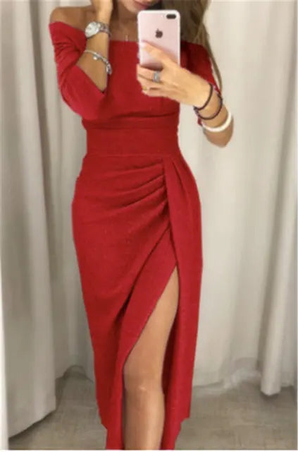 2023 neue Frauen Weg Schulter Lange Hülse Bodycon Abend Langes Kleid Asymmetrische Split Bleistift Kleider S M L XL XXL