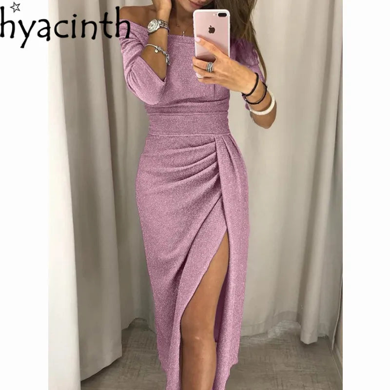 2023 neue Frauen Weg Schulter Lange Hülse Bodycon Abend Langes Kleid Asymmetrische Split Bleistift Kleider S M L XL XXL