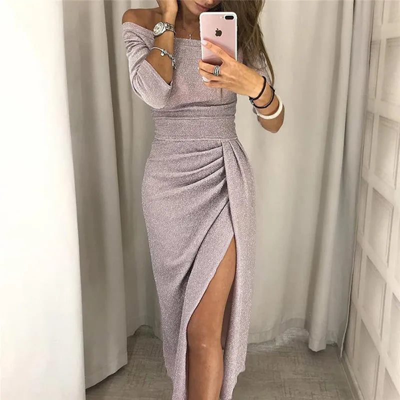 2023 neue Frauen Weg Schulter Lange Hülse Bodycon Abend Langes Kleid Asymmetrische Split Bleistift Kleider S M L XL XXL