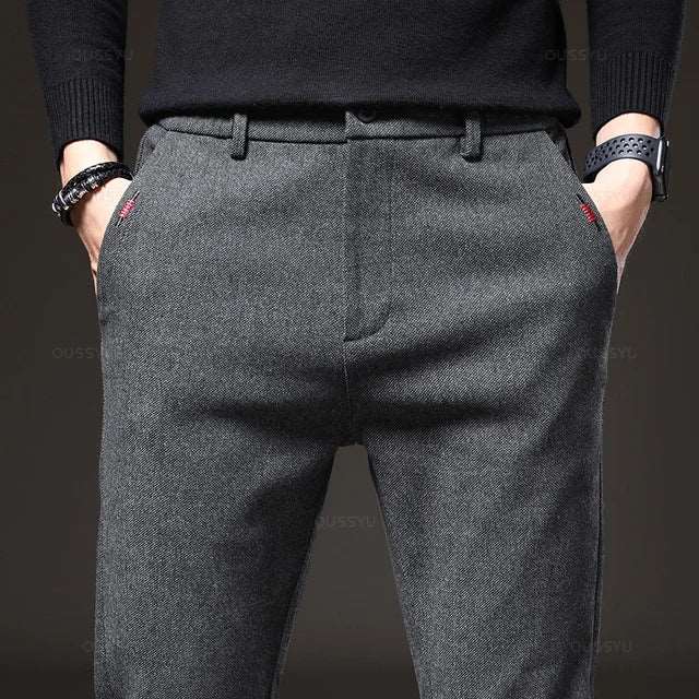 2023 nuovi pantaloni Casual in tessuto spazzolato da uomo invernali Business Fashion Slim Fit Stretch spessore grigio blu nero pantaloni in cotone maschile