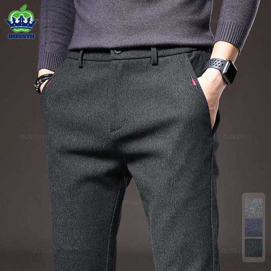 2023 nuovi pantaloni Casual in tessuto spazzolato da uomo invernali Business Fashion Slim Fit Stretch spessore grigio blu nero pantaloni in cotone maschile