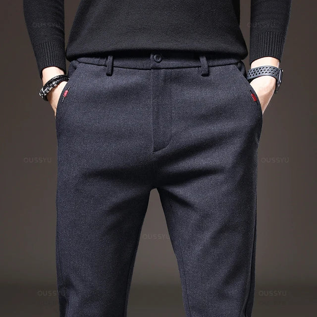 2023 New Winter Men's Brushed Fabric Casual Pants Business Fashion Slim Fit Stretch Thick Gray Blue Black Male Cotton Trousers