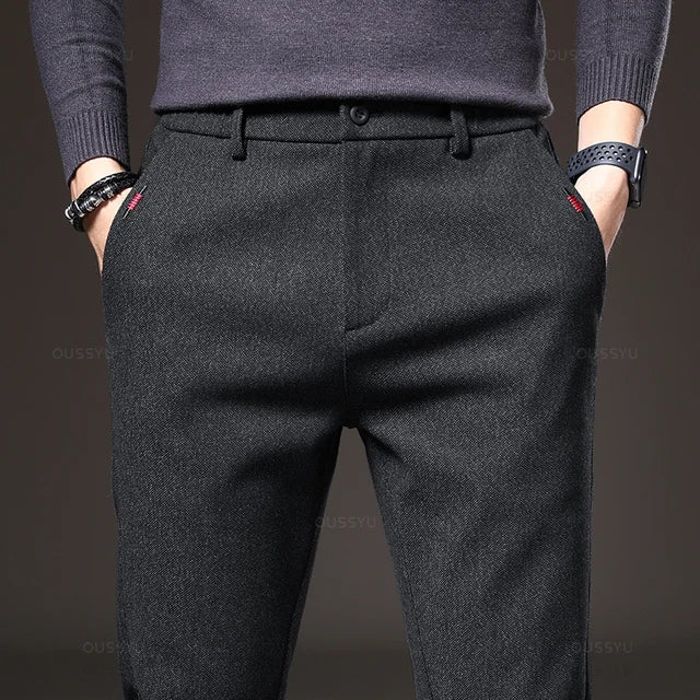 2023 New Winter Men's Brushed Fabric Casual Pants Business Fashion Slim Fit Stretch Thick Gray Blue Black Male Cotton Trousers