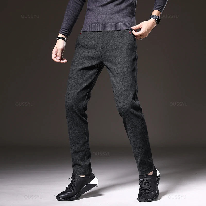 2023 New Winter Men's Brushed Fabric Casual Pants Business Fashion Slim Fit Stretch Thick Gray Blue Black Male Cotton Trousers