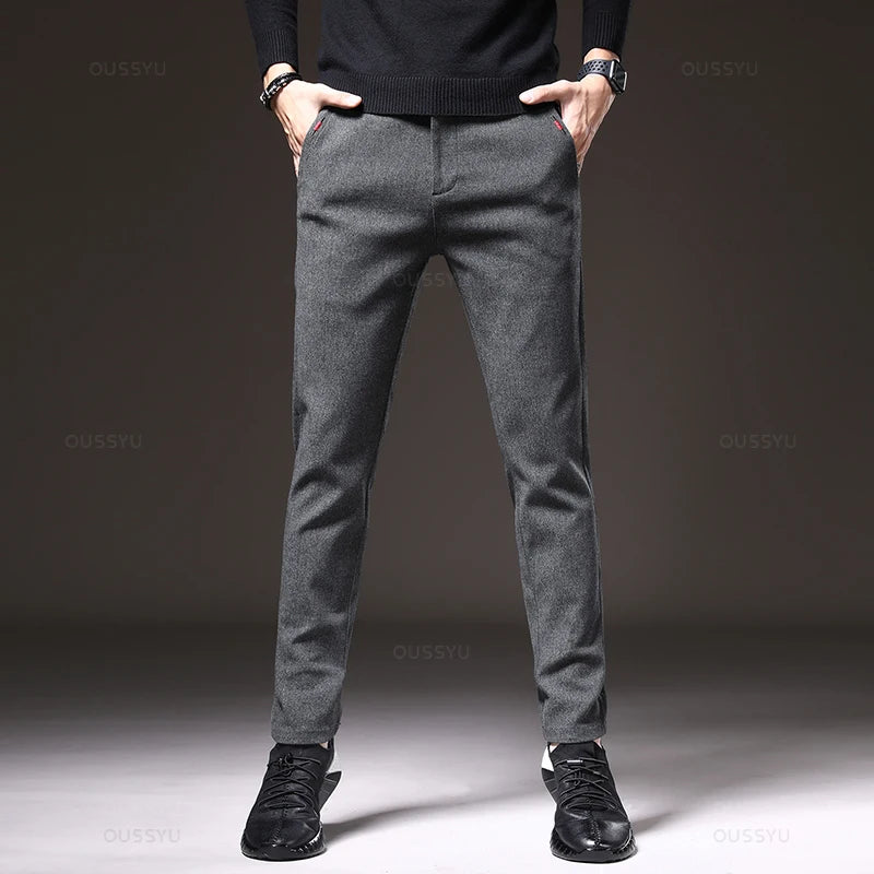 2023 New Winter Men's Brushed Fabric Casual Pants Business Fashion Slim Fit Stretch Thick Gray Blue Black Male Cotton Trousers