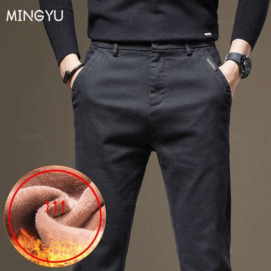 2024 nuovo inverno in pile caldo pantaloni Casual da uomo in cotone moda elastico in vita Twill lavoro Slim floccaggio pantaloni Cargo spessi maschili