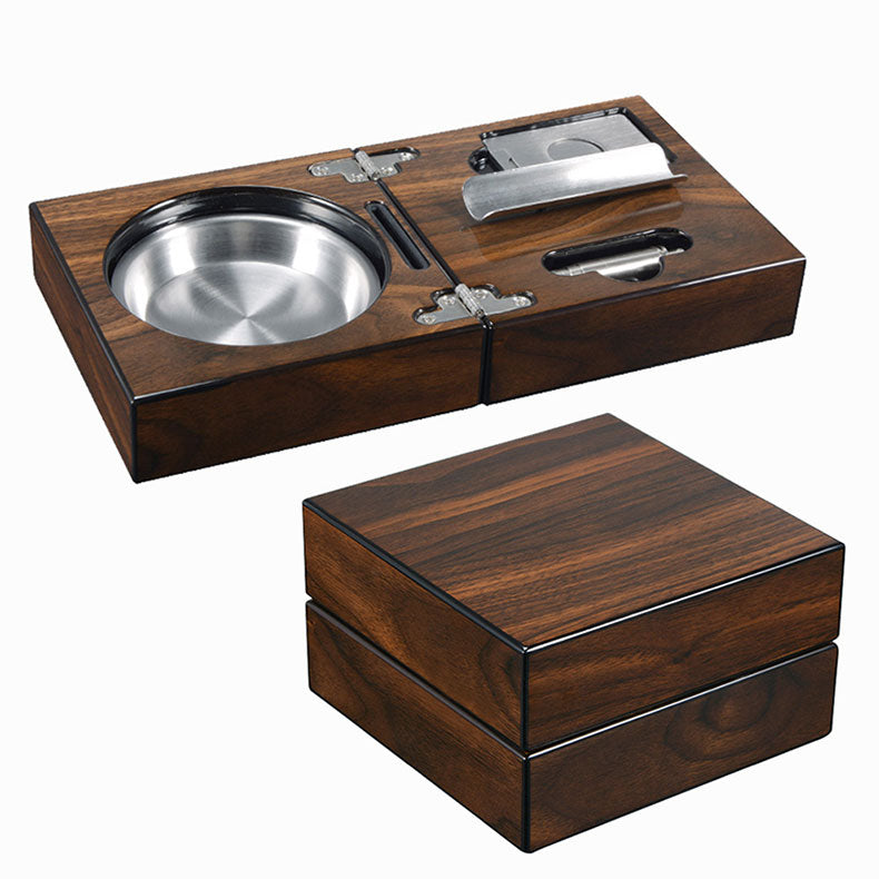 Multifunctional Cigar Ashtray Foldable Walnut Wood Box Includes Cigar Cutter Holder And Hole Opener Smoking Accessories