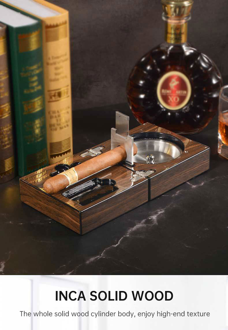 Multifunctional Cigar Ashtray Foldable Walnut Wood Box Includes Cigar Cutter Holder And Hole Opener Smoking Accessories