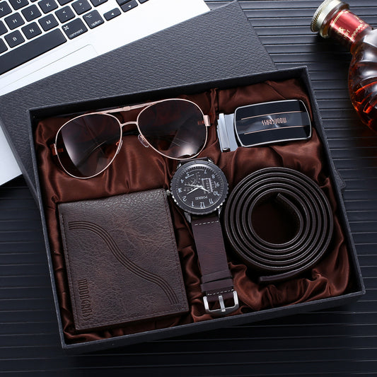 Quartz Watch Elegant Belt Wallet Glasses Set