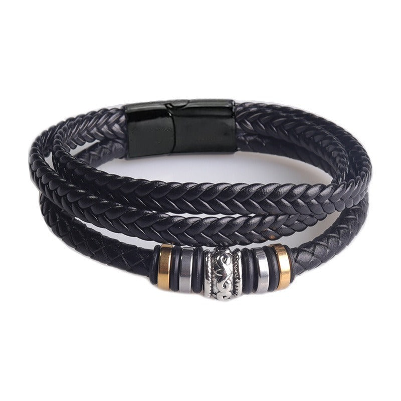 Herren-Lederarmband, Edelstahl, Magnetverschluss, „I Love You“-Gravur, mehrschichtiges schwarzes Lederband-Armband