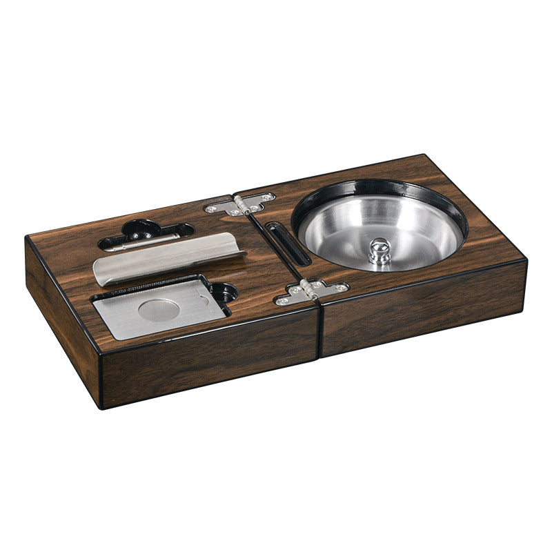 Multifunctional Cigar Ashtray Foldable Walnut Wood Box Includes Cigar Cutter Holder And Hole Opener Smoking Accessories