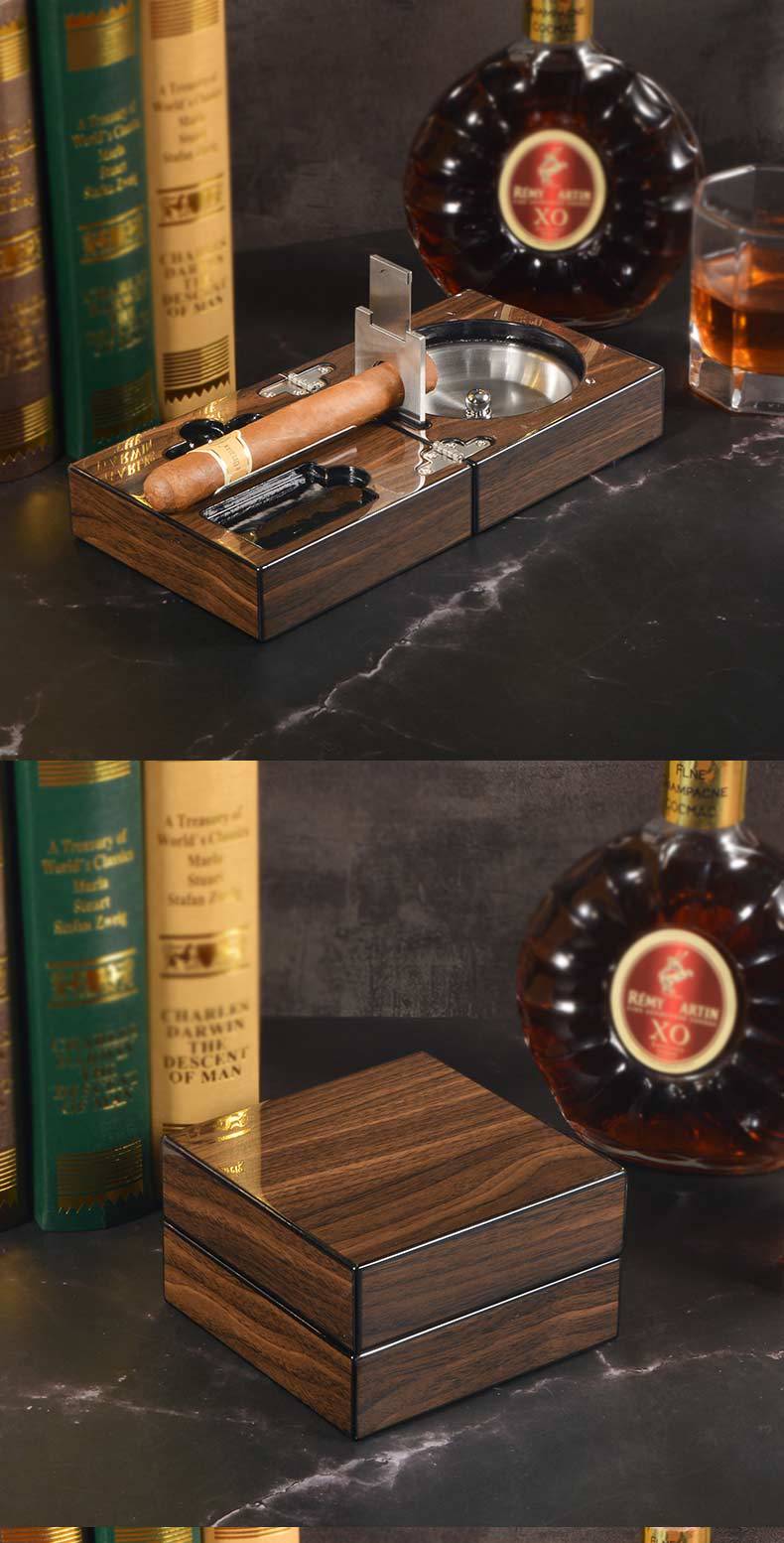 Multifunctional Cigar Ashtray Foldable Walnut Wood Box Includes Cigar Cutter Holder And Hole Opener Smoking Accessories