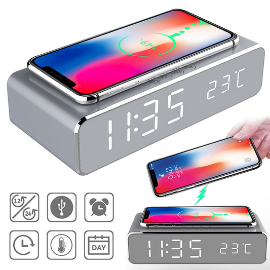 LED Electric Alarm Clock With Wireless Charger Desktop Digital Detector Thermometer Clock HD Mirror Clock Watch Table Decor