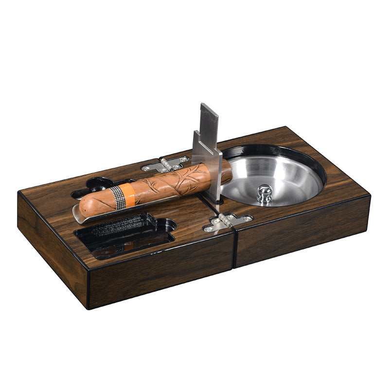 Multifunctional Cigar Ashtray Foldable Walnut Wood Box Includes Cigar Cutter Holder And Hole Opener Smoking Accessories