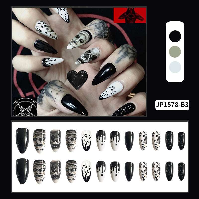 Long Almond Water Drop Fake Nail Patch Halloween Skull Wear Manicure