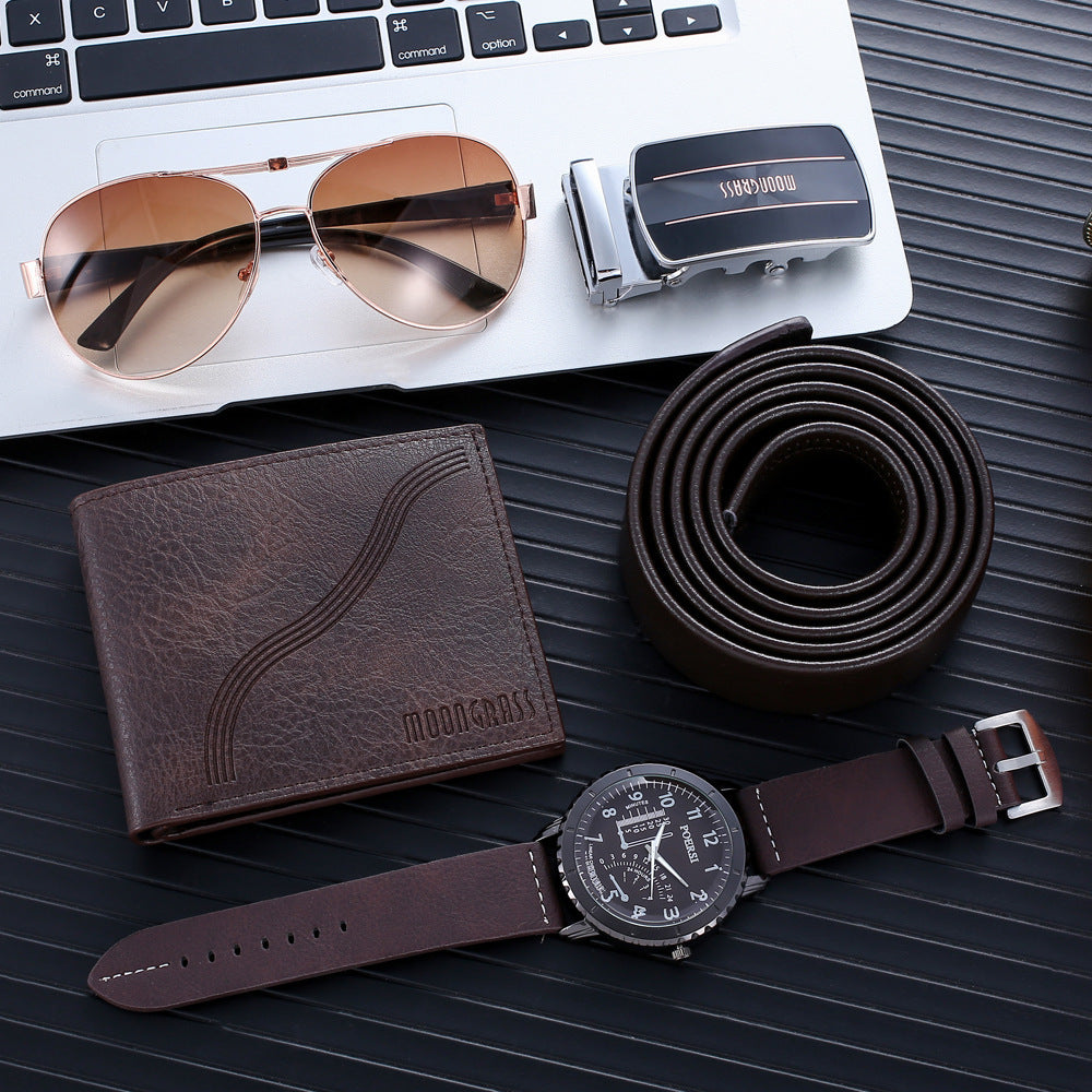 Quartz Watch Elegant Belt Wallet Glasses Set