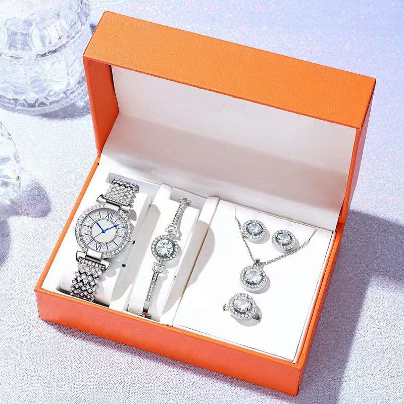 Full Diamond Roman Characters Five-piece Women's Fashion Watch Set