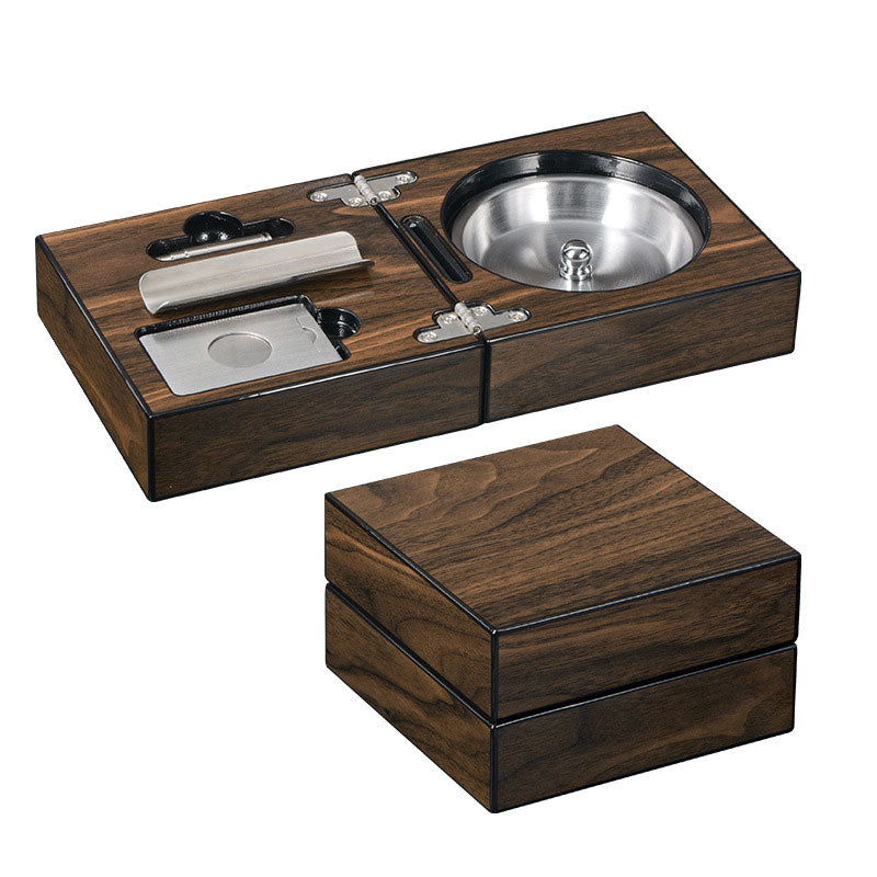 Multifunctional Cigar Ashtray Foldable Walnut Wood Box Includes Cigar Cutter Holder And Hole Opener Smoking Accessories