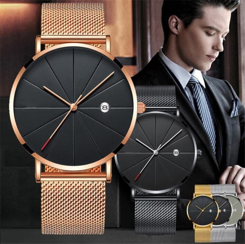 Simple Men's Watch Stainless Steel Mesh Band Watches Classic Quartz Date Wristwatch Casual Luxury Masculino Relogios