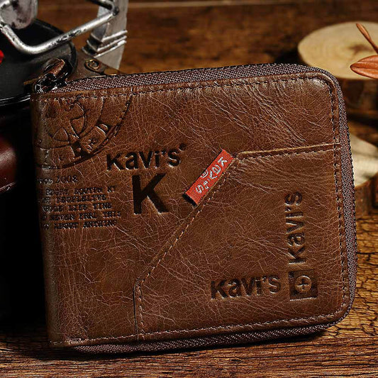 Men's Short Leather Short Zipper Head Layer Leather Retro Youth Fashion Multifunctional Soft Wallet 