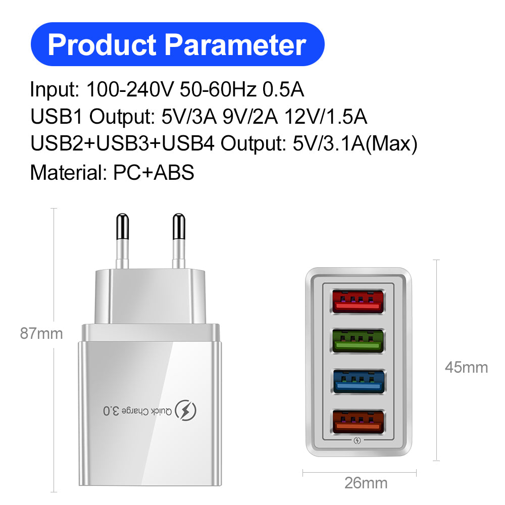 USB-Ladegerät Quick Charge 3.0 4 Handy-Adapter für Tablet, tragbares mobiles Wandladegerät, Schnellladegerät