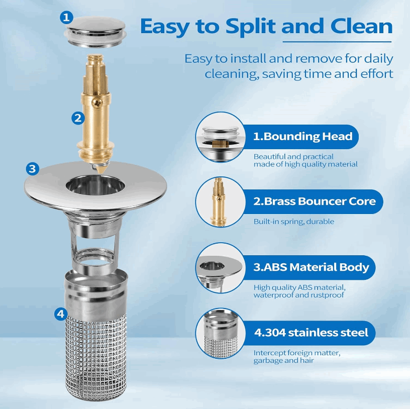 Bathroom Sink Drain Strainer for 1.1-1.29 Inch, Pop Up Bathroom Sink Stopper Hair Catcher with Stainless Steel Filter Basket, for US Bathroom Sink Drain Stopper Basin Drain Filter Replacement-1pcs