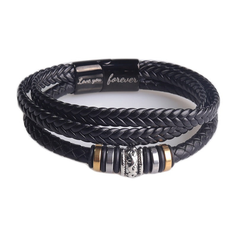 Herren-Lederarmband, Edelstahl, Magnetverschluss, „I Love You“-Gravur, mehrschichtiges schwarzes Lederband-Armband