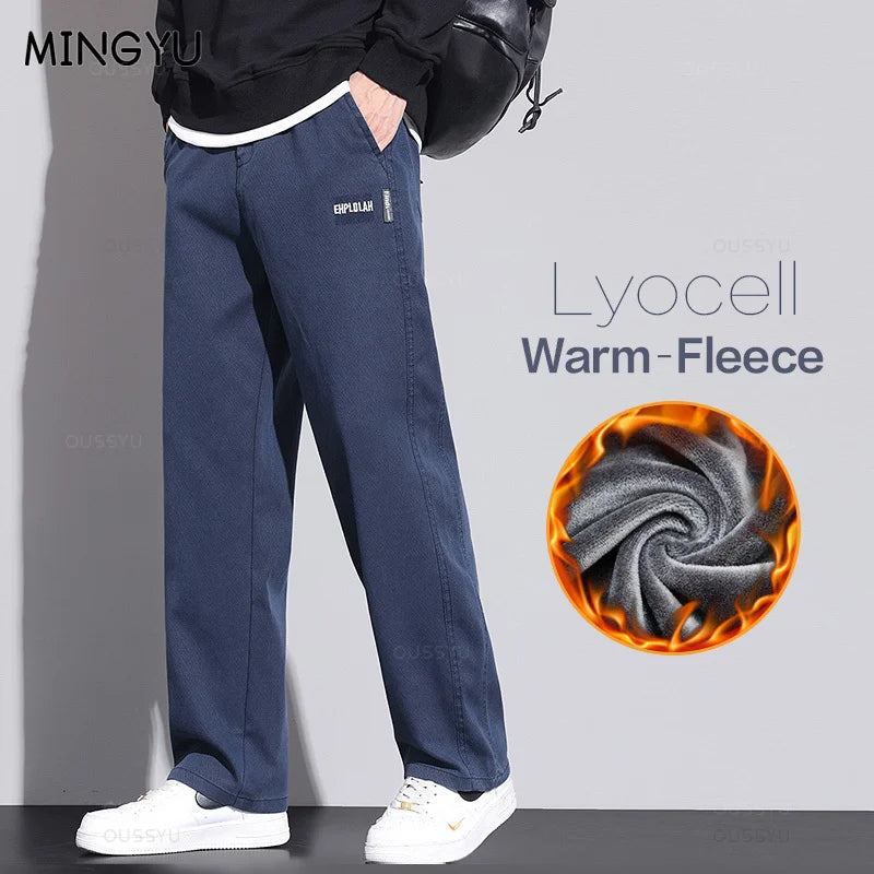 High Quality Brand Clothing Winter Warm Fleece Pants Men Stretch Lyocell Fabric Straight Loose Flocked Velvet Trousers Male 5XL