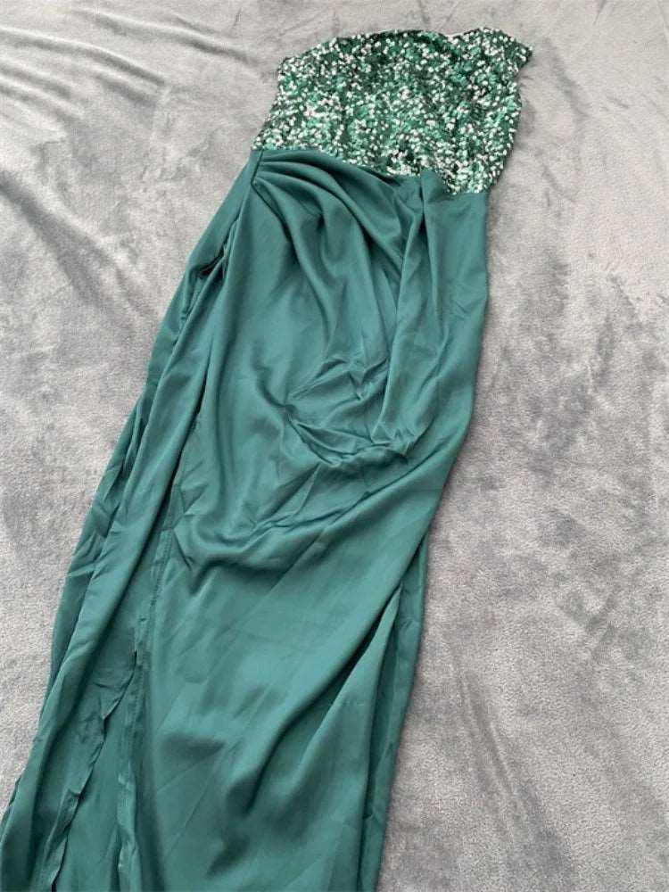 Abito da sera lungo aderente con paillettes elegante da donna senza spalline con spacco alto festa di compleanno Sexy Maxi vestito da donna vestiti estivi 2023