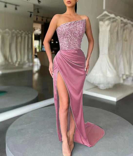 Women's Elegant Sequin Bodycon Long Evening Dress Strapless High Slit Birthday Party Sexy Maxi Dress Ladies Summer Clothes 2023