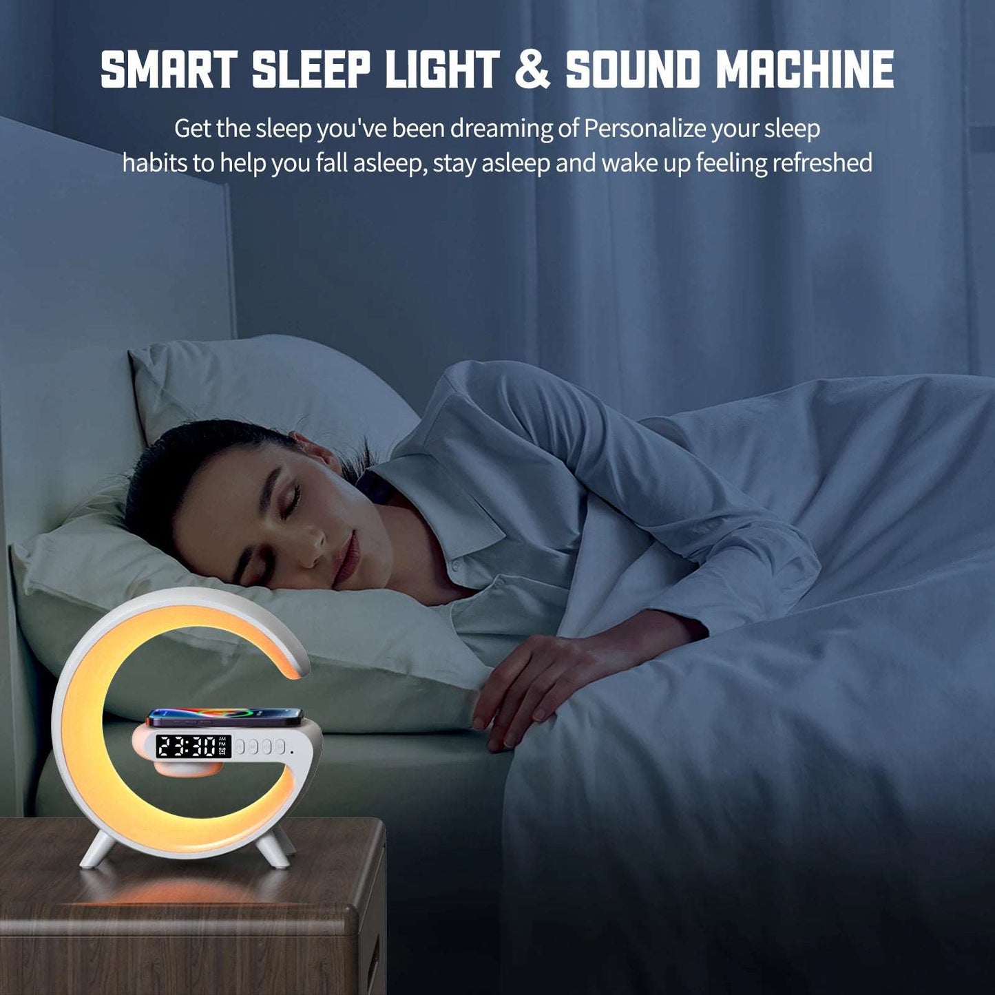 Altoparlanti BT Wireless intelligenti con ricarica rapida Wireless, luce RGB, sveglia all'alba e luce sveglia-perfetti per le camere da letto!